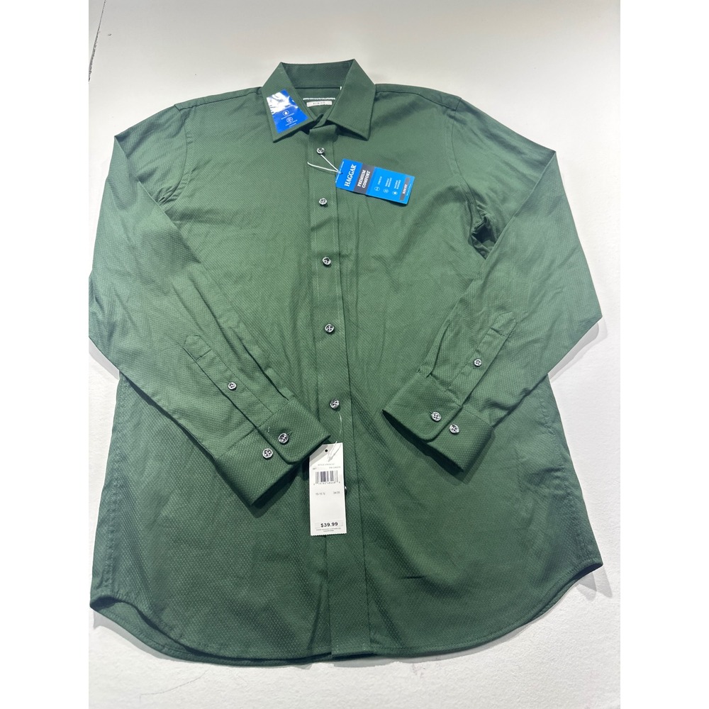 Haggar Premium Comfort Dress Shirt Mens 15-15.5 34/35 Slim Fit Green Textured